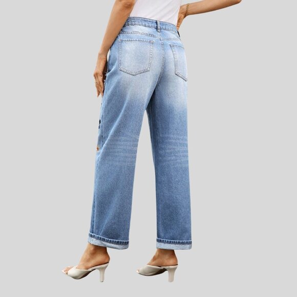 Distressed Embroidered High Waist Denim Ankle Jeans Blue - Picture 2 of 4